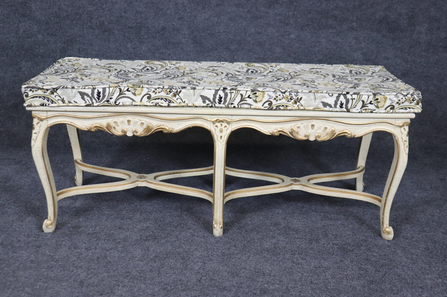 White and Gold Paint Decorated Cane French Louis XV Style Six Leg Window Bench