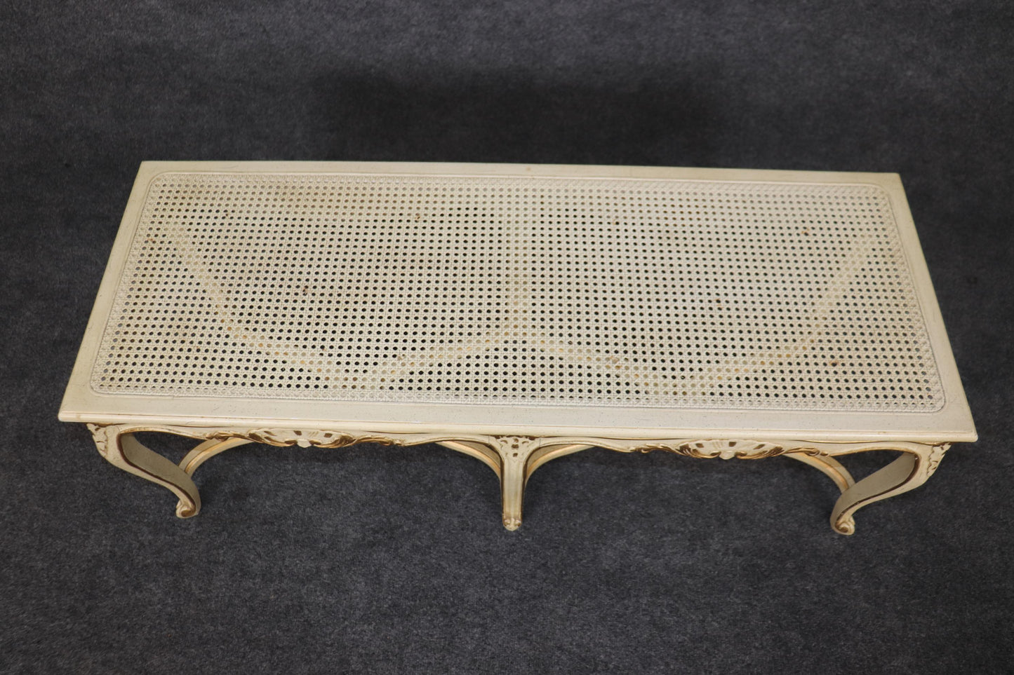 White and Gold Paint Decorated Cane French Louis XV Style Six Leg Window Bench