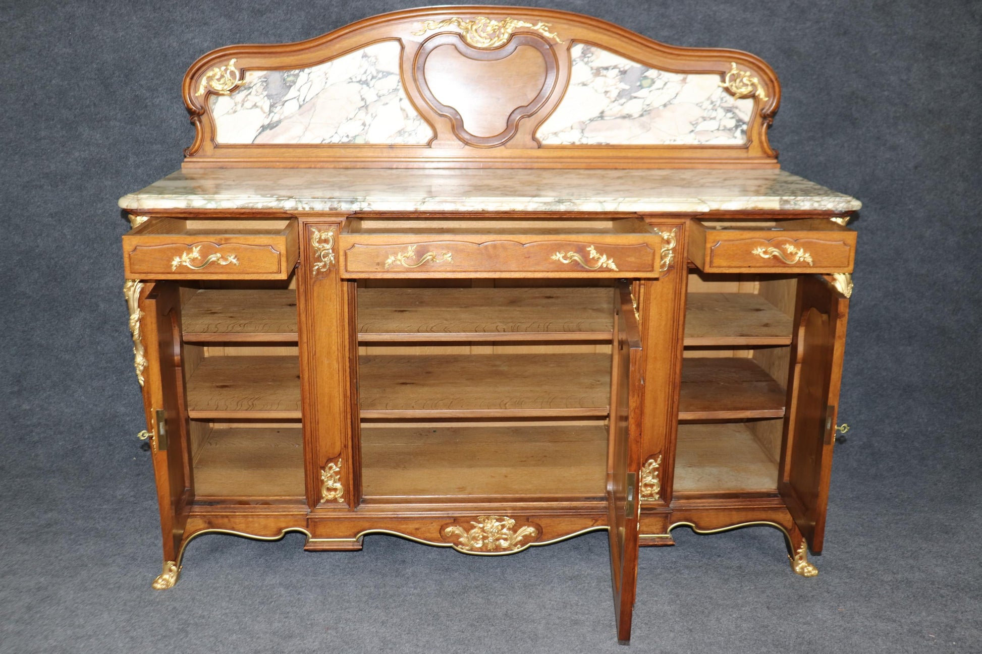 Signed Haentges Freres Dore' Bronze Ormolu French Louis XV Marble Top Sideboard