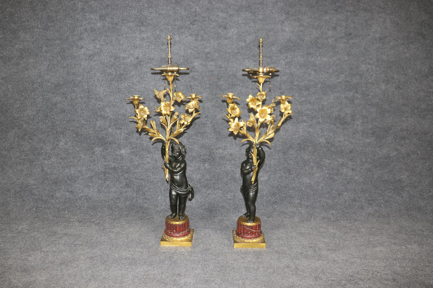 Pair 19th C Bronze Dore' Cherubs Table Lamps Candelabra Manner Henry Dasson