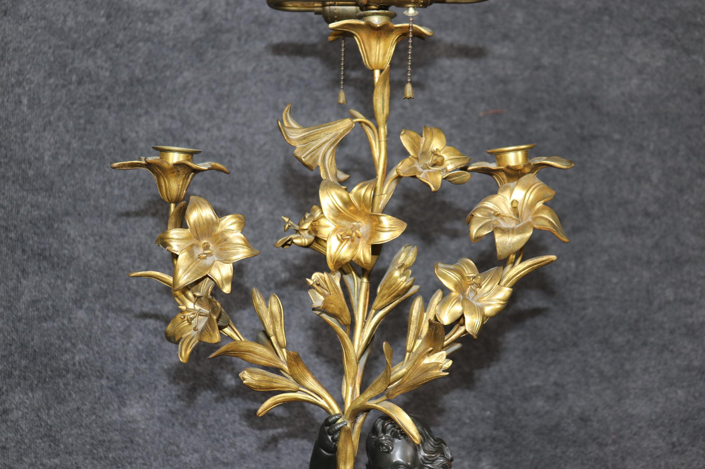 Pair 19th C Bronze Dore' Cherubs Table Lamps Candelabra Manner Henry Dasson