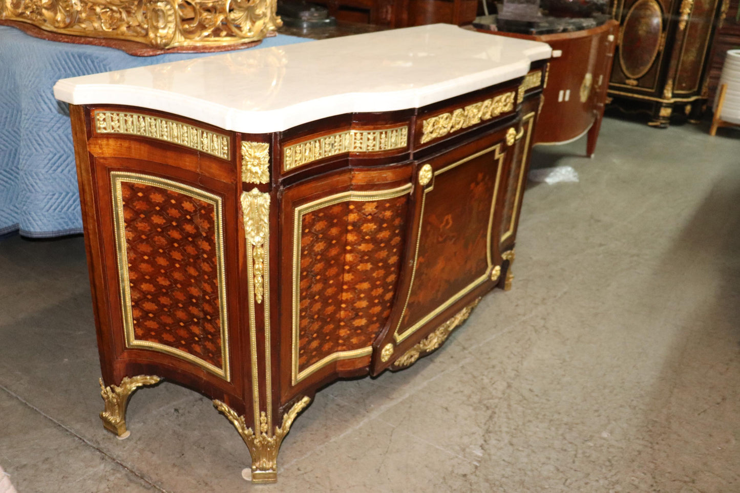 Fine Inlaid Palace Sized French Louis XV Marble Top Commode, circa 1870s