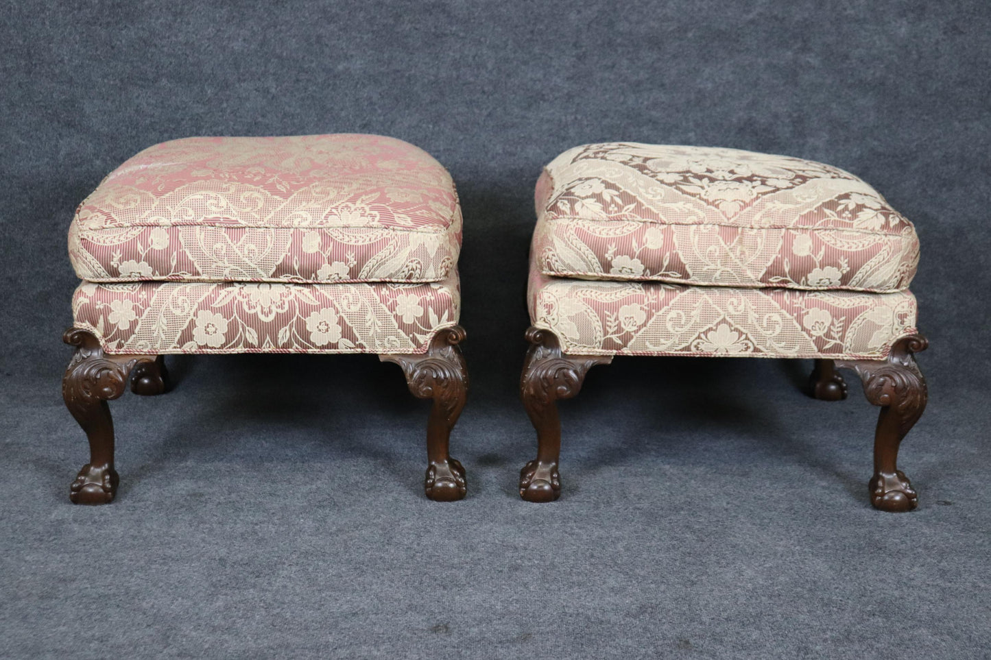 Superb Pair Centennial Carved Chippendale Mahogany Square Foot Stools