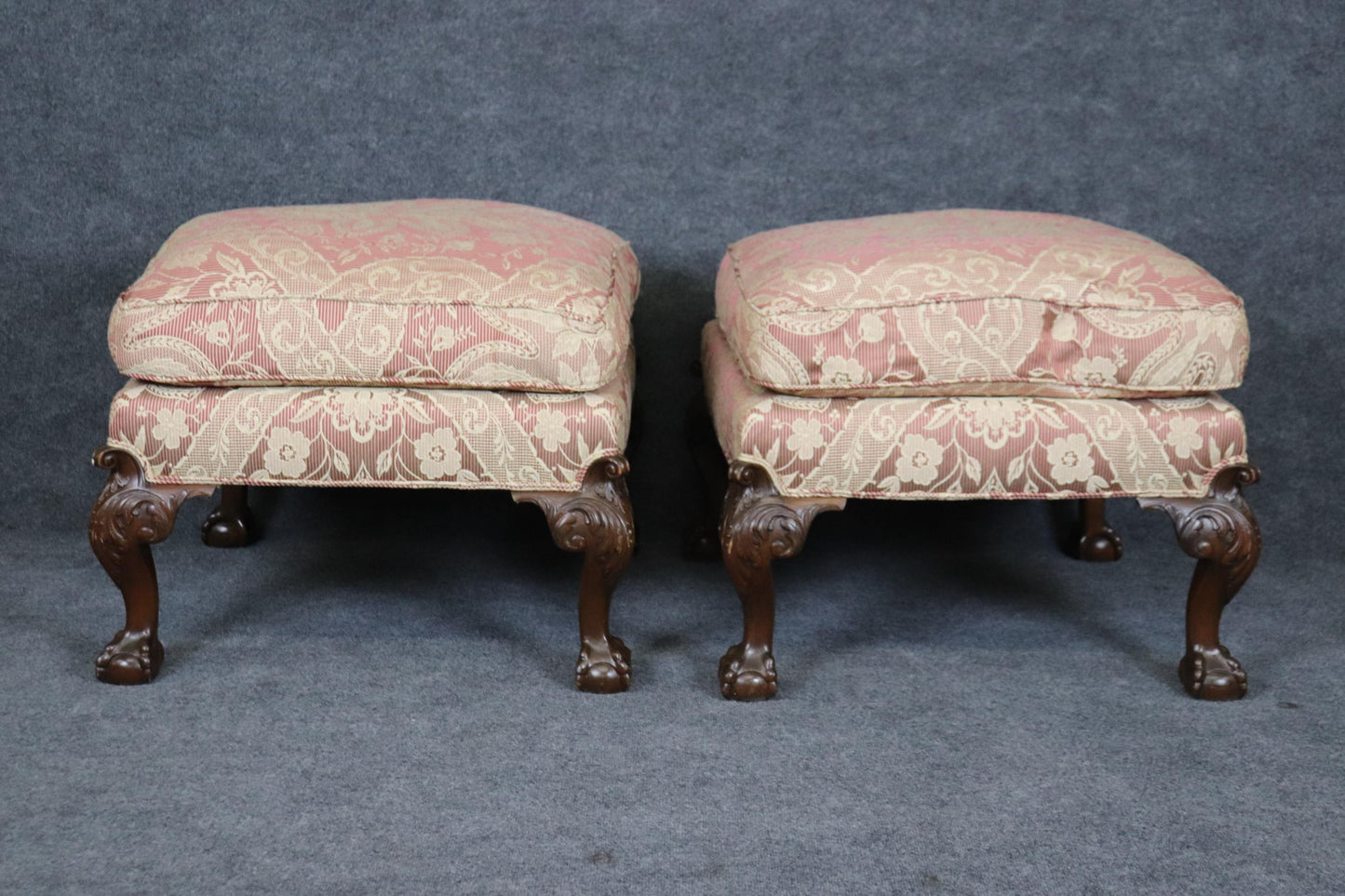 Superb Pair Centennial Carved Chippendale Mahogany Square Foot Stools