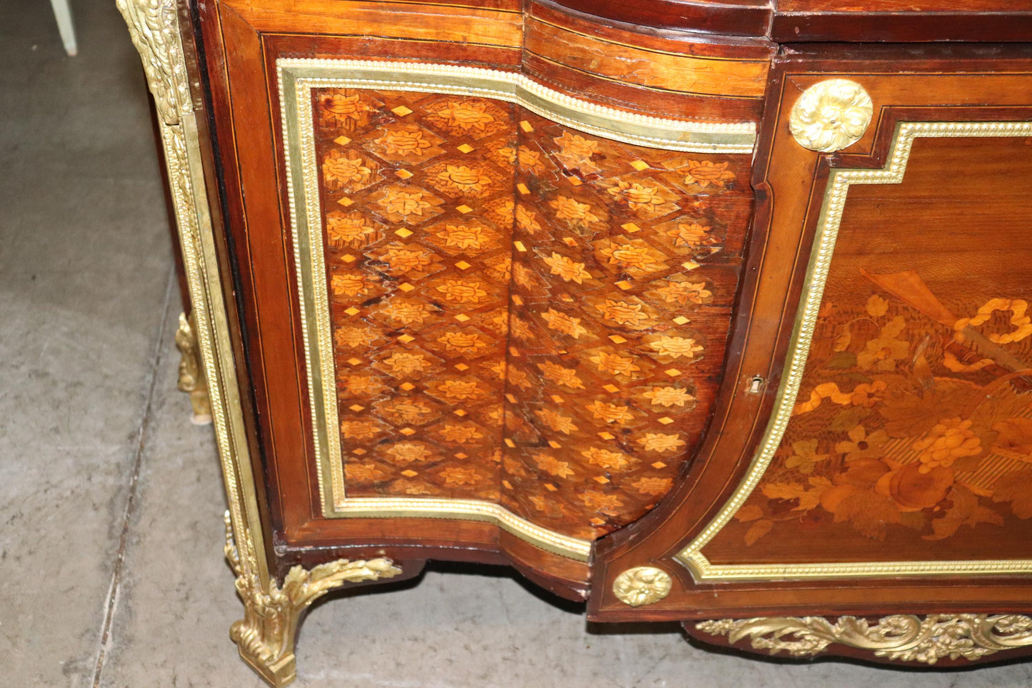 Fine Inlaid Palace Sized French Louis XV Marble Top Commode, circa 1870s