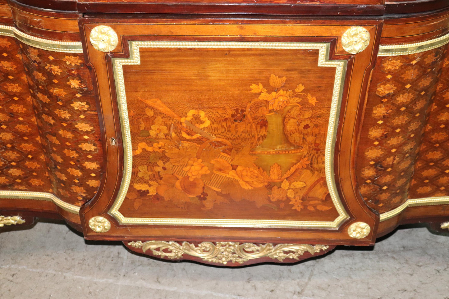 Fine Inlaid Palace Sized French Louis XV Marble Top Commode, circa 1870s