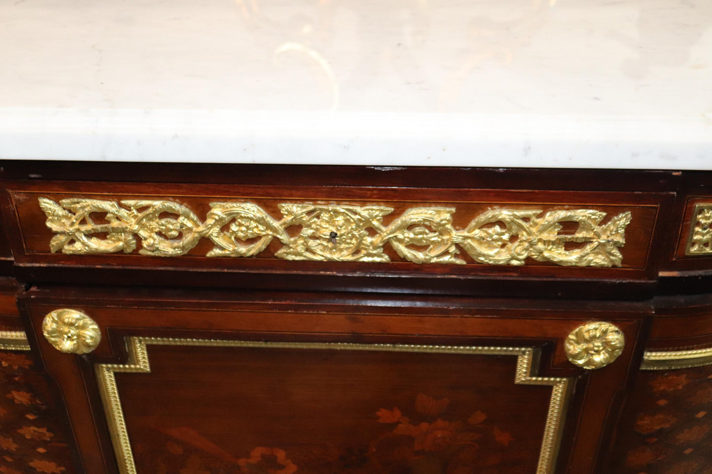 Fine Inlaid Palace Sized French Louis XV Marble Top Commode, circa 1870s