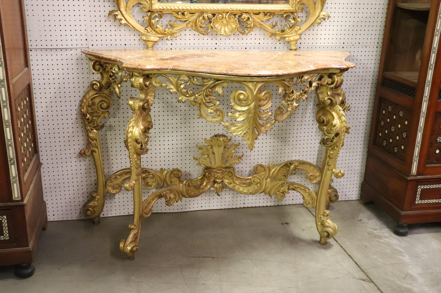 Monumental Giltwood Florentine Mirror with Marble-Top Console Table, circa 1940