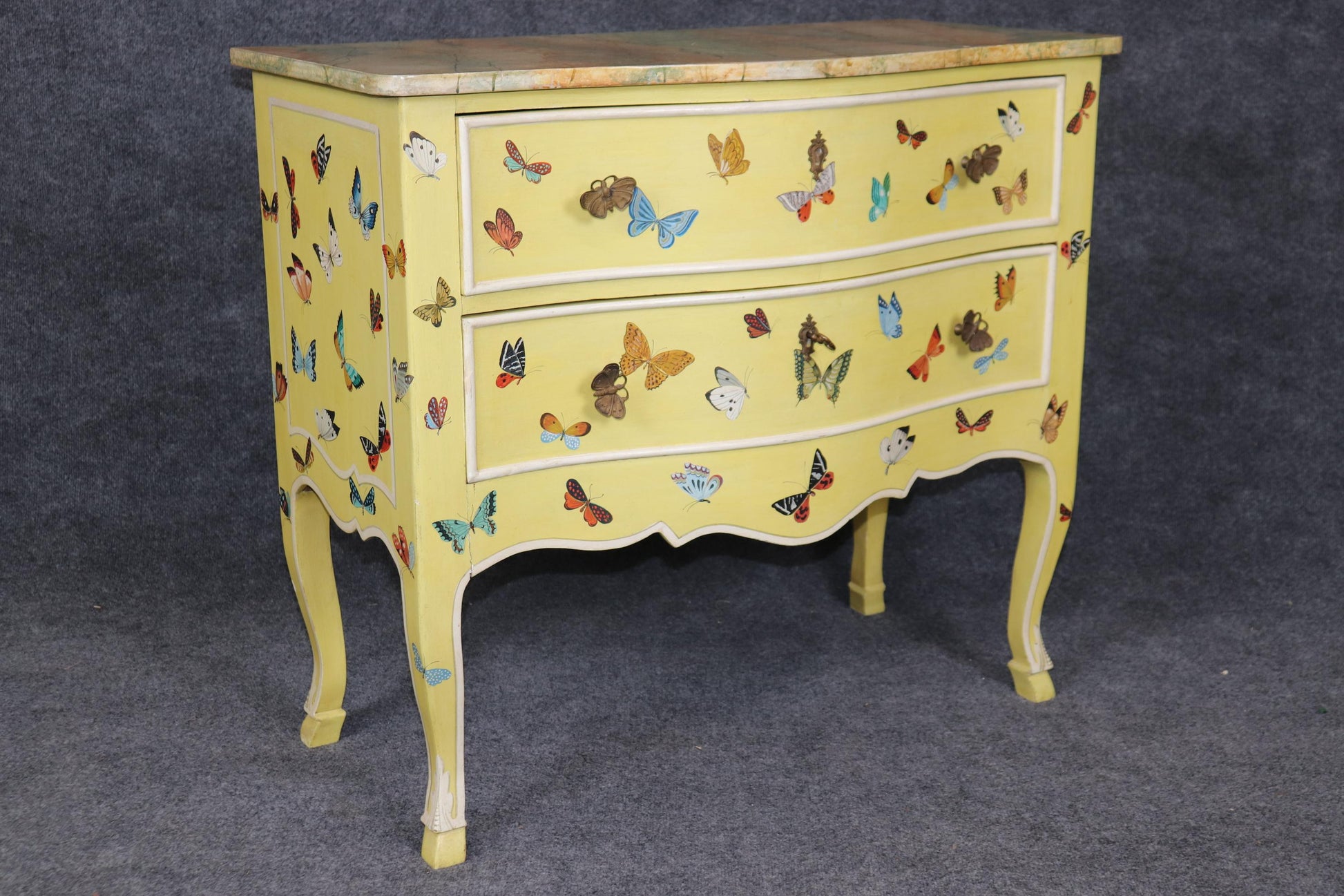 Charming Butterfly Paint Decorated French Louis XV Style Commode