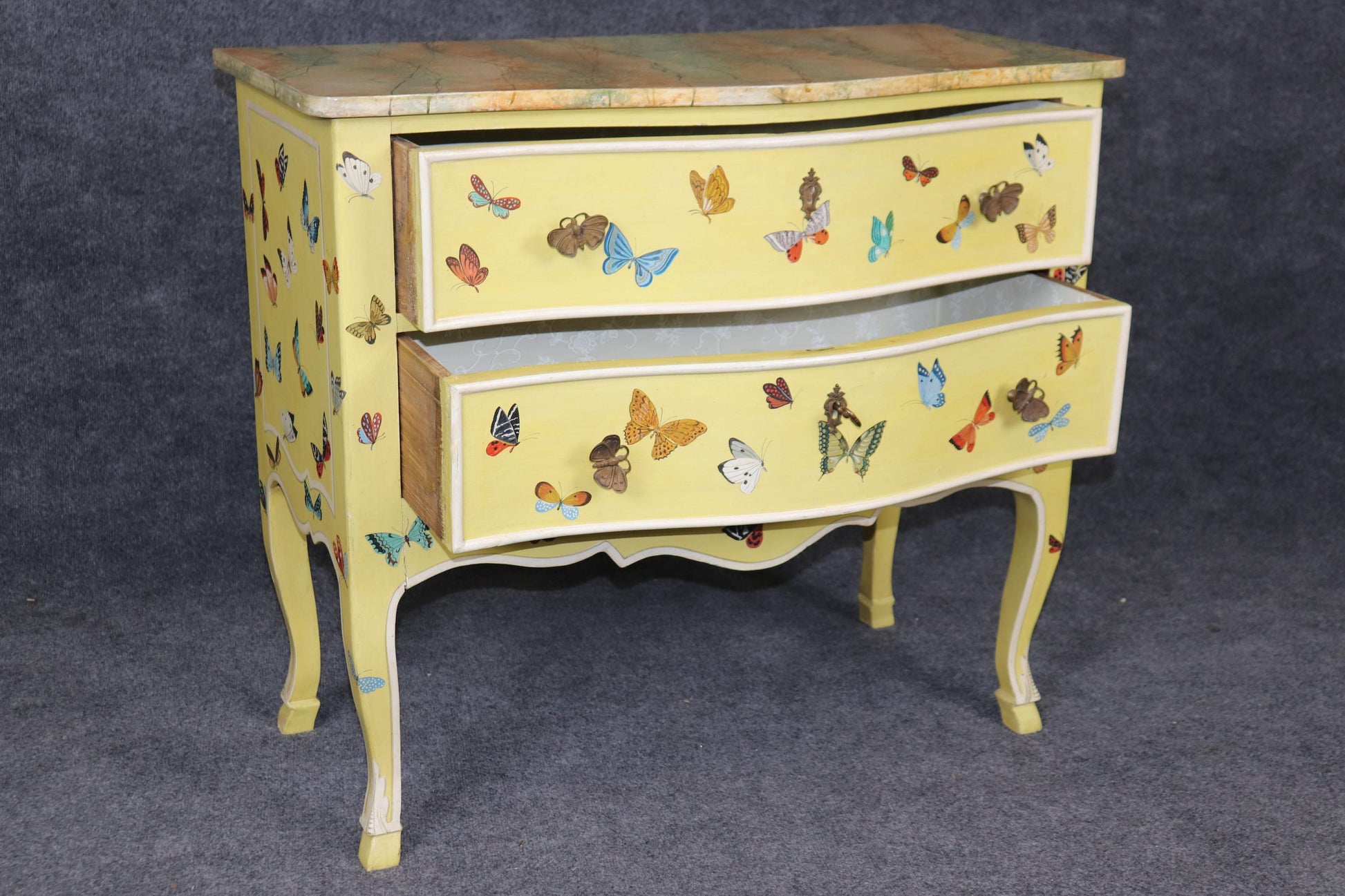 Charming Butterfly Paint Decorated French Louis XV Style Commode