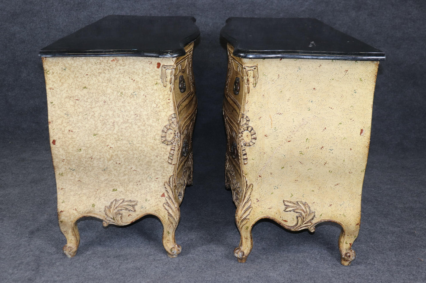 Fine Pair Crackle Paint Decorated Creme and Marble Top French Louis XV Commodes