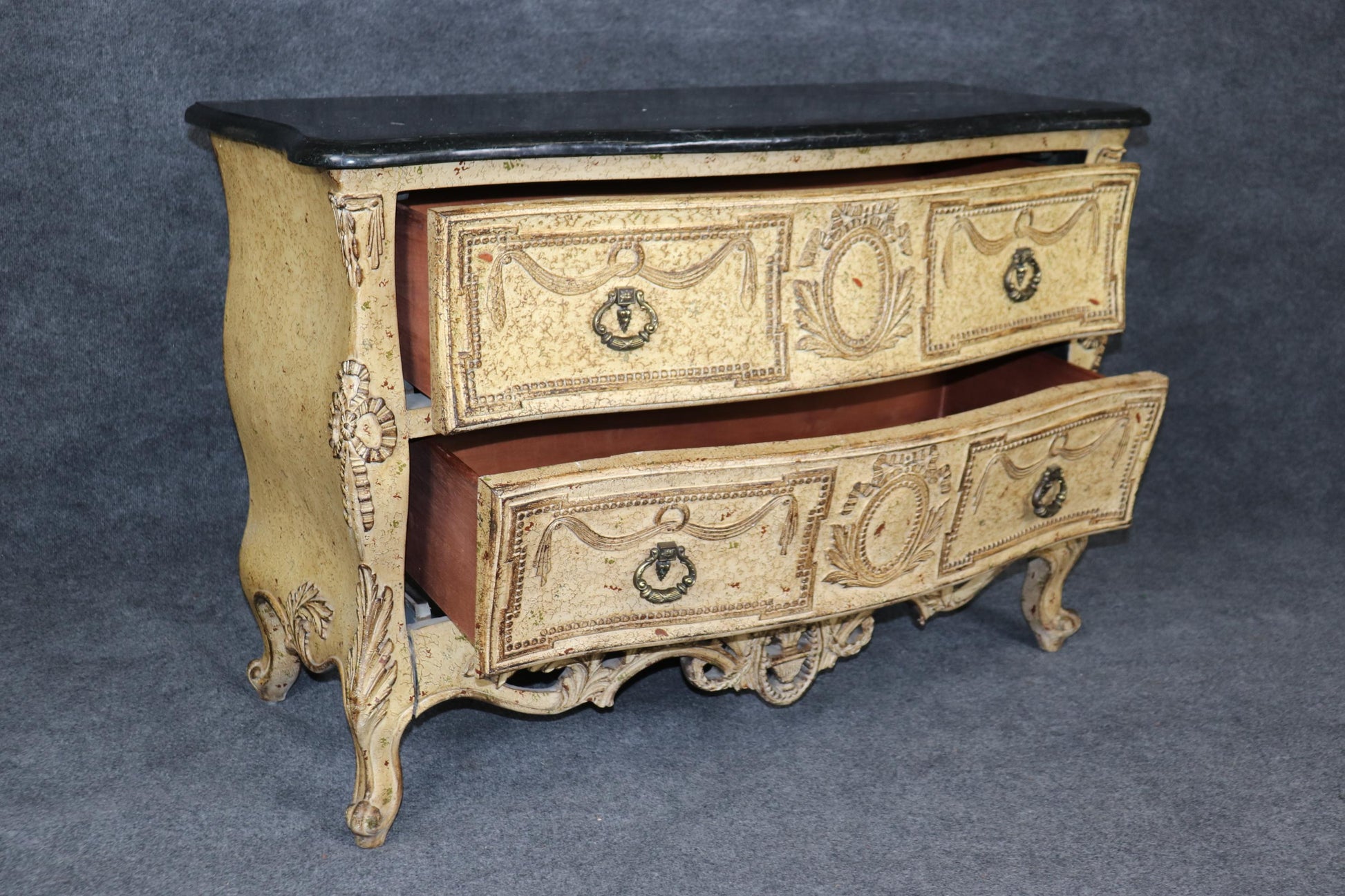 Fine Pair Crackle Paint Decorated Creme and Marble Top French Louis XV Commodes