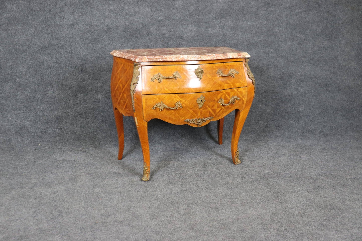 Inlaid Olive wood Italian Made French Louis XV Style Marble Commode