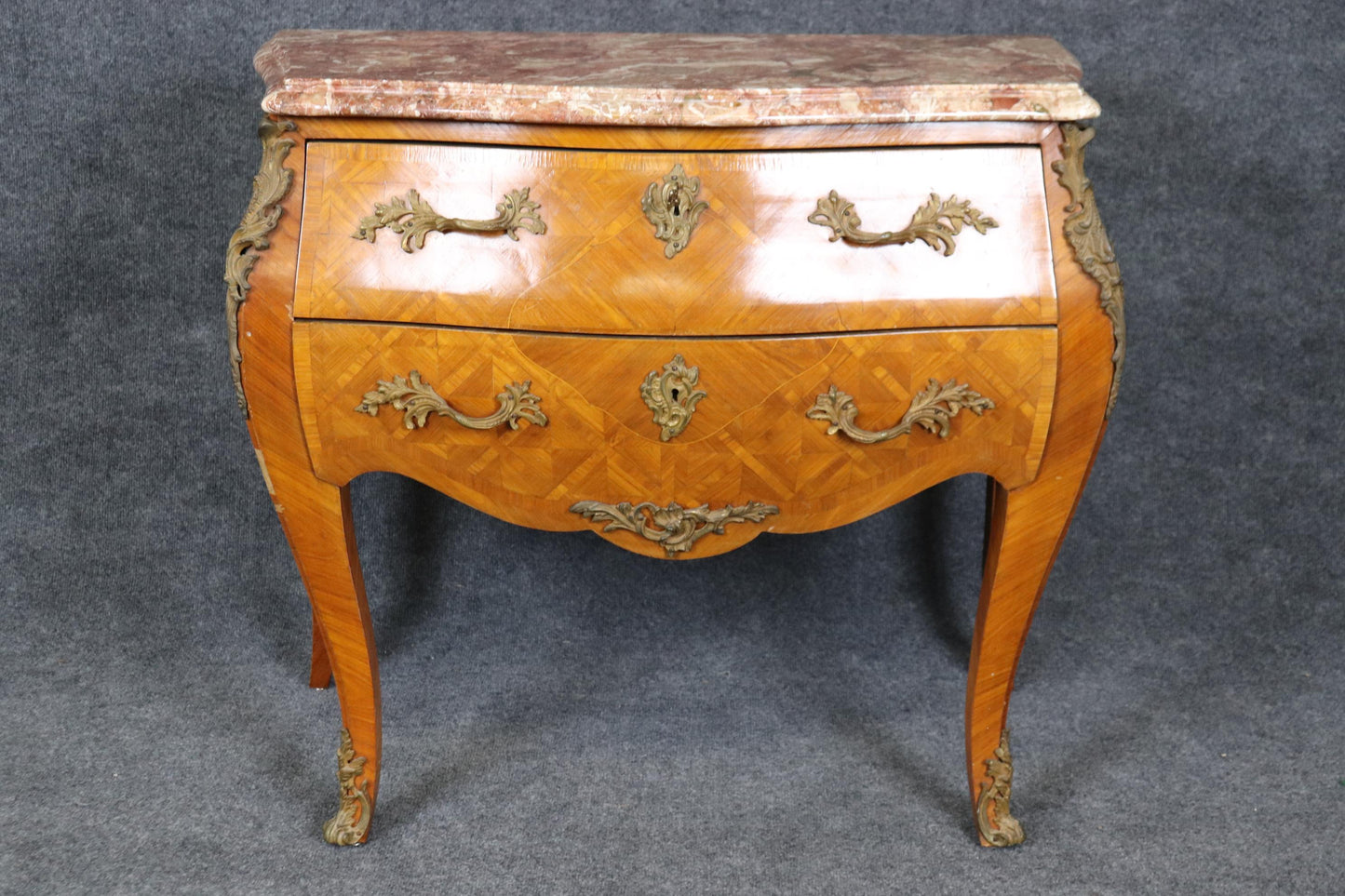 Inlaid Olive wood Italian Made French Louis XV Style Marble Commode