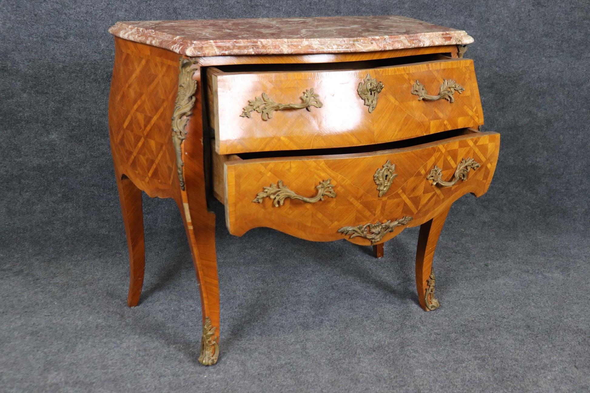 Inlaid Olive wood Italian Made French Louis XV Style Marble Commode