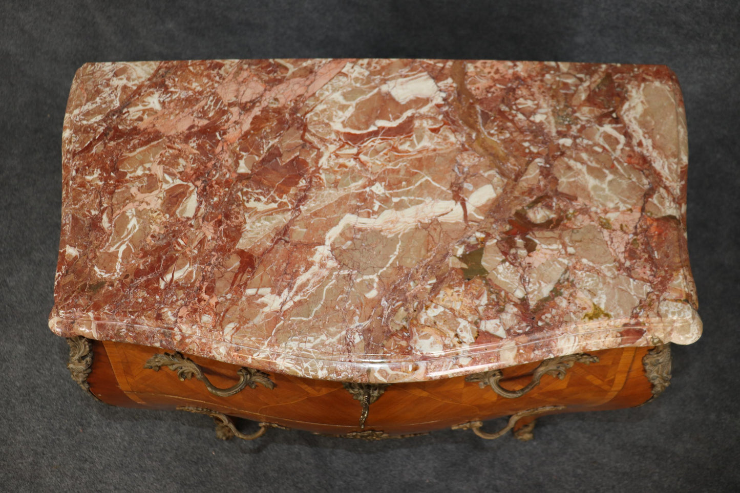 Inlaid Olive wood Italian Made French Louis XV Style Marble Commode