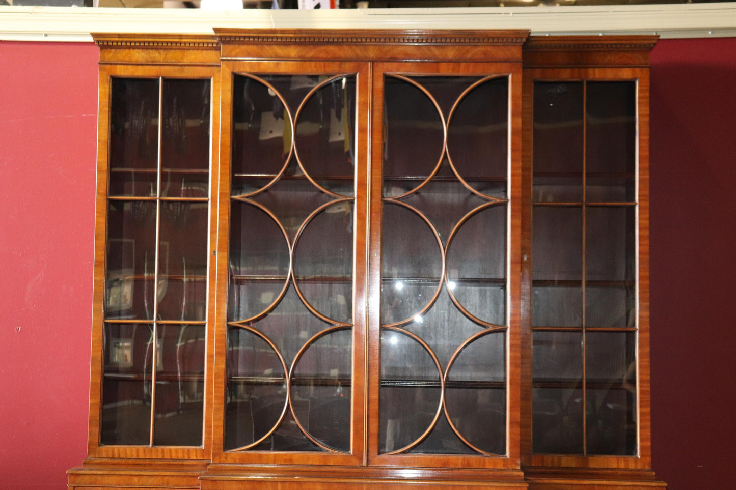 Fine Satinwood Baker Furniture Company Crown Glass Breakfront Bookcase