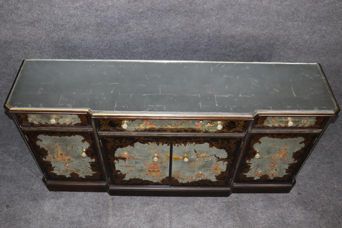 Superb Italian Silver Leaf Chinoiserie Painted Eglomise Sideboard Buffet