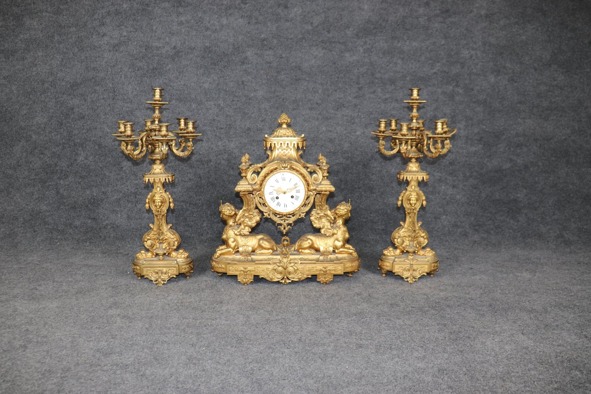 Fantastic Figural Maiden Sphinx 19th Century French Empire Clock Set