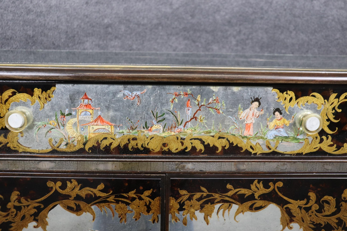 Superb Italian Silver Leaf Chinoiserie Painted Eglomise Sideboard Buffet