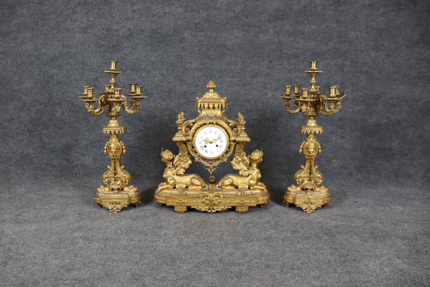 Fantastic Figural Maiden Sphinx 19th Century French Empire Clock Set