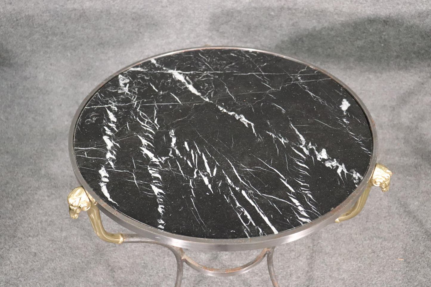 Pair French Louis XV Black Marble Steel and Brass Rams Head Gueridons End Tables