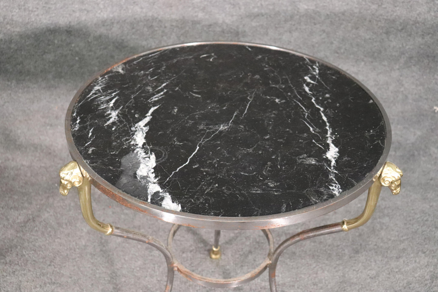 Pair French Louis XV Black Marble Steel and Brass Rams Head Gueridons End Tables