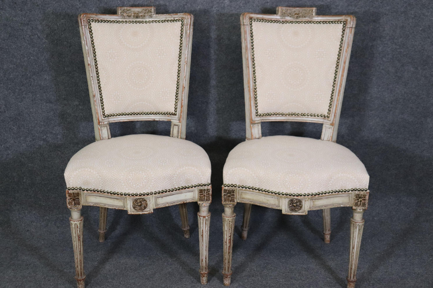 Rare Set of 12 Distressed Paint Decorated Maison Jansen Dining Chairs Circa 1920