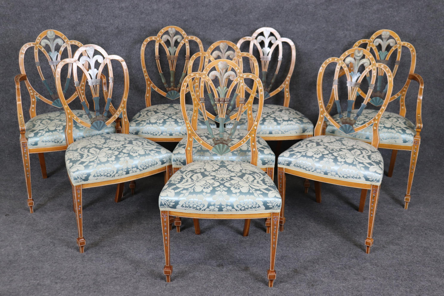 Fantastic set of 8 Antique Adams Paint Decorated Satinwood Dining Chairs