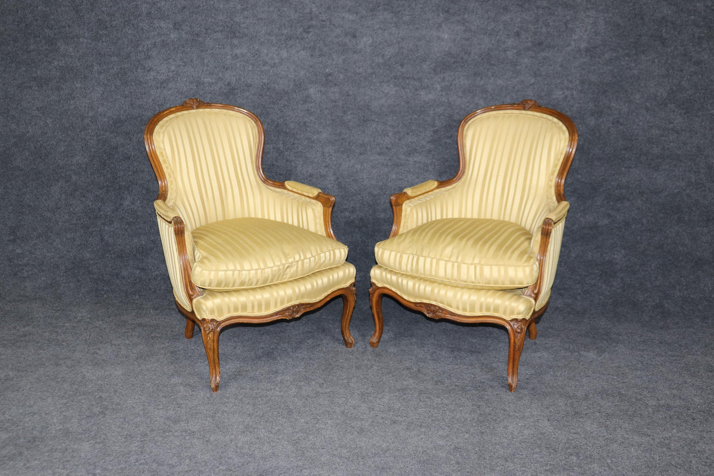 Fine Pair Silk Upholstered Carved Walnut Louis XV Style Bergère Chairs