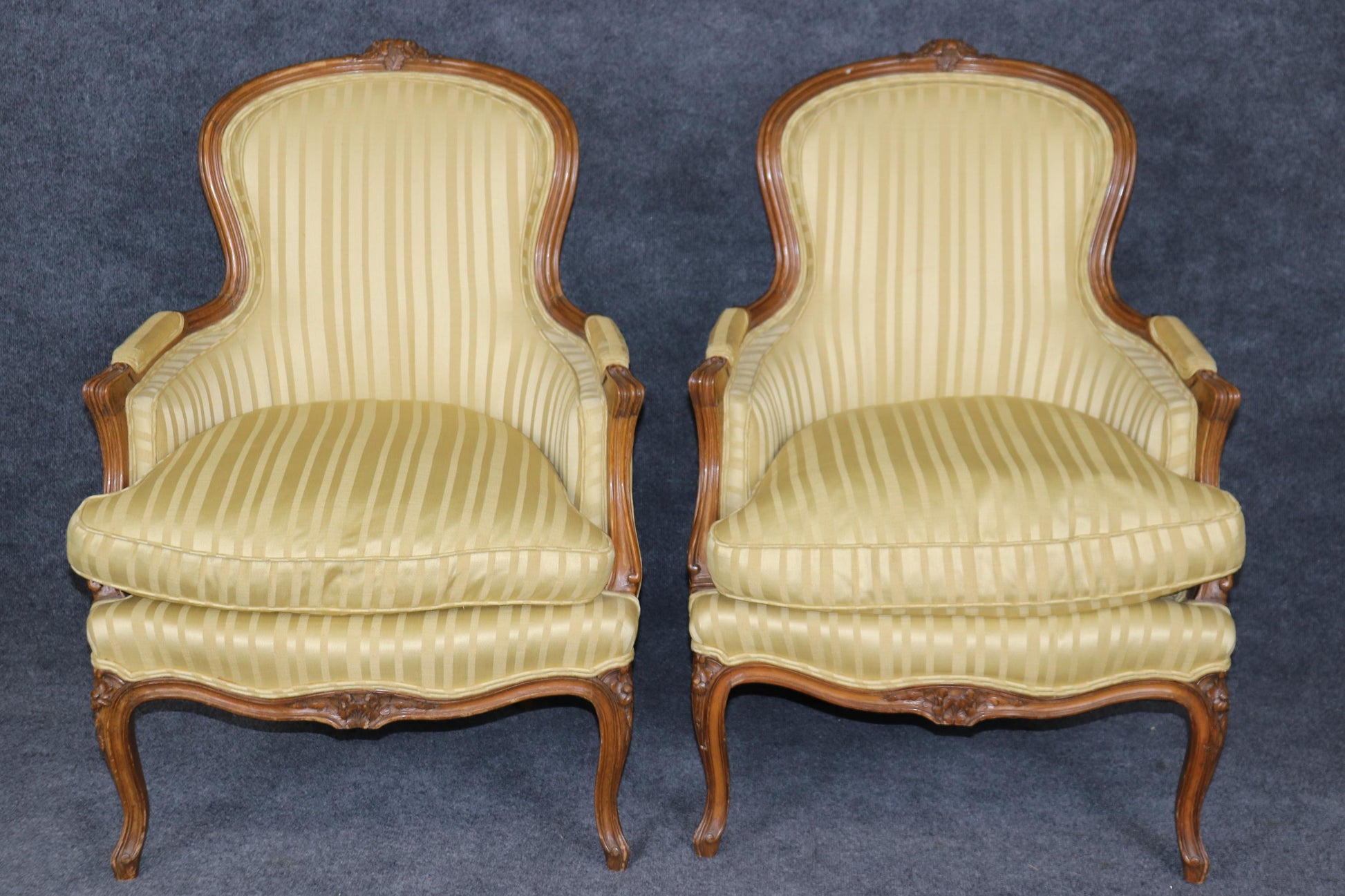 Fine Pair Silk Upholstered Carved Walnut Louis XV Style Bergère Chairs