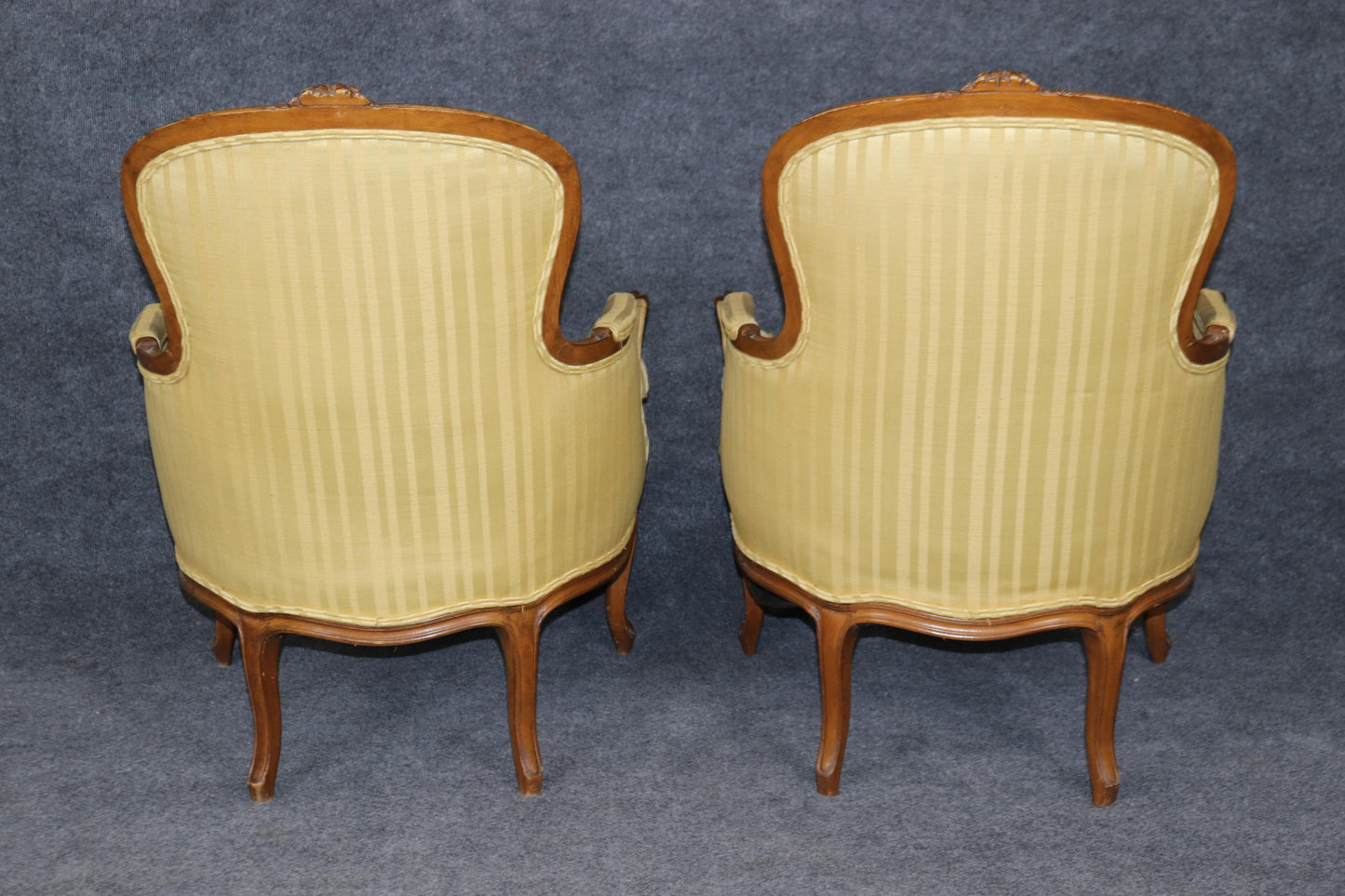 Fine Pair Silk Upholstered Carved Walnut Louis XV Style Bergère Chairs