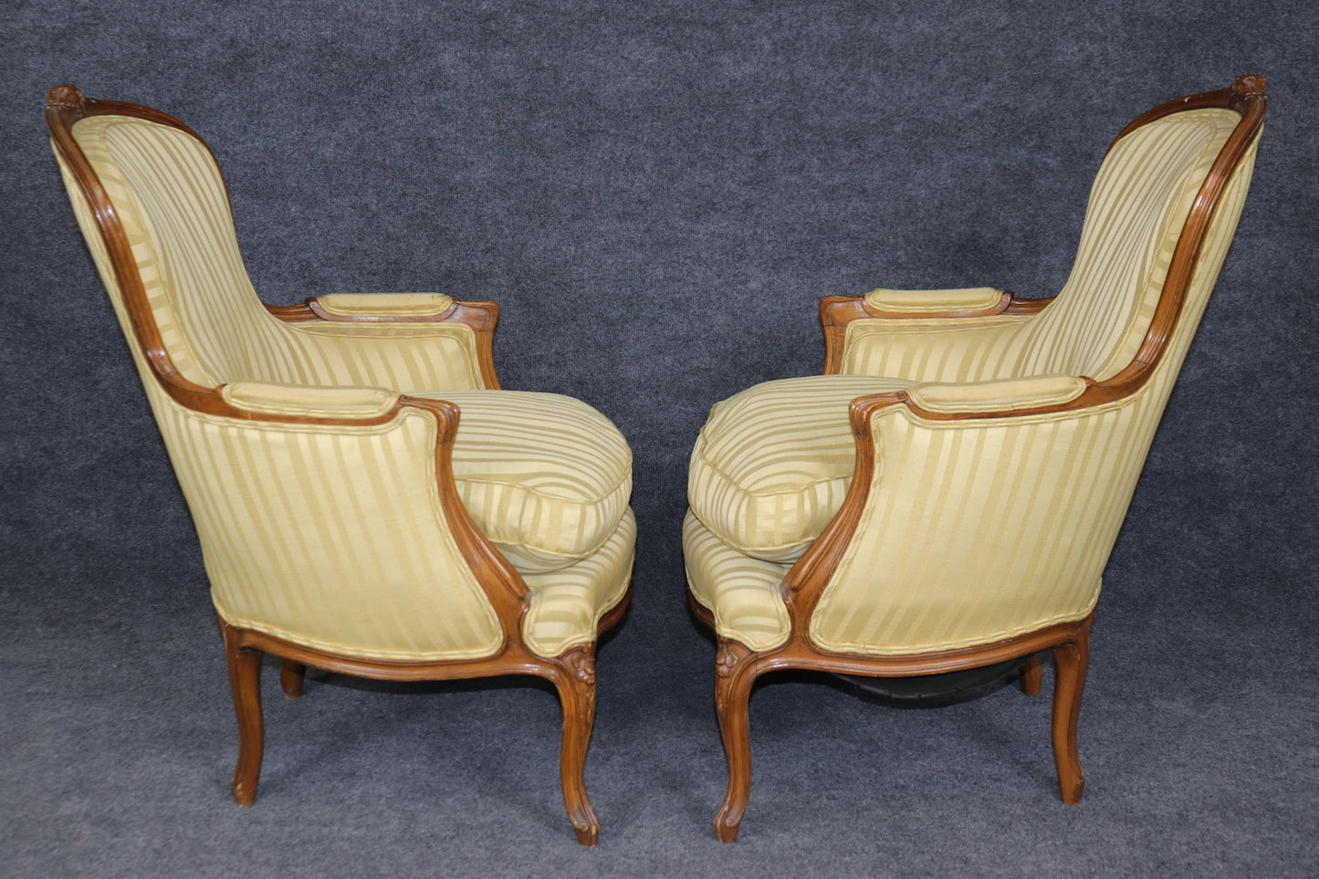 Fine Pair Silk Upholstered Carved Walnut Louis XV Style Bergère Chairs