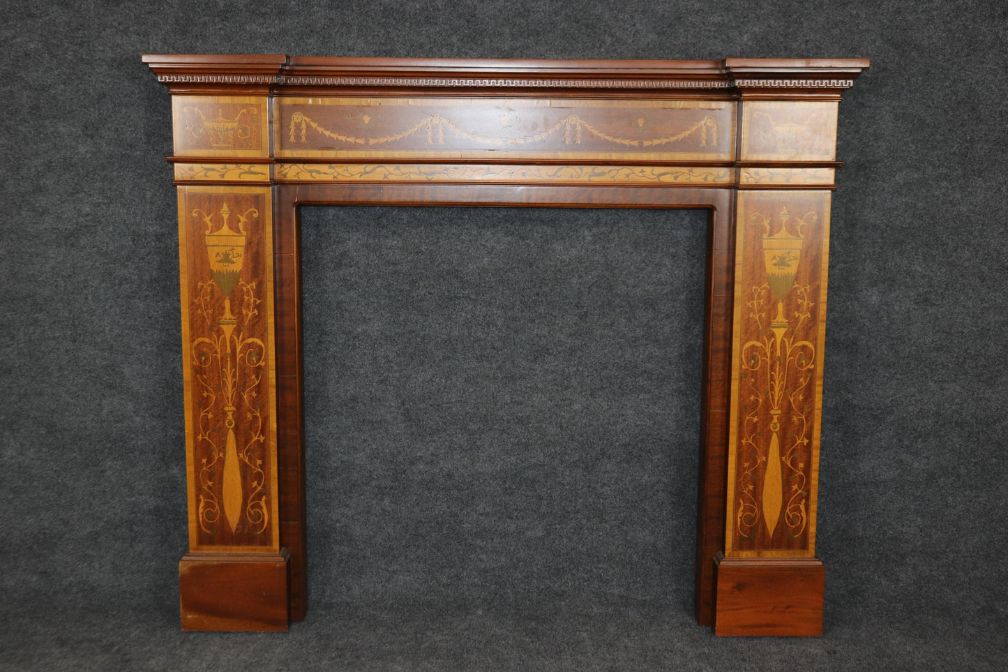 Rare Custom Made Inlaid Satinwood and Mahogany Edwardian Style Fireplace Mantel