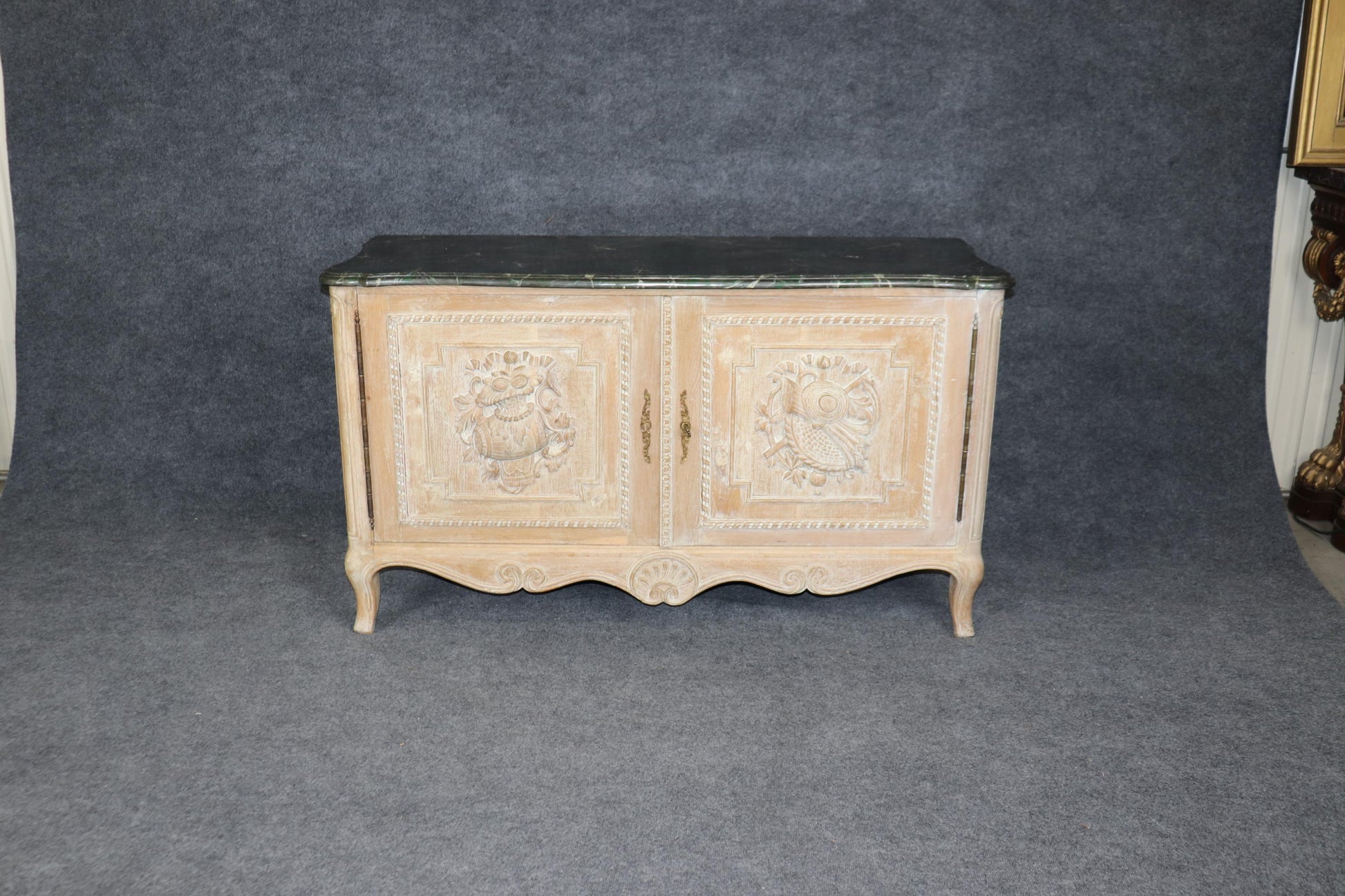 French White-Washed Carved Walnut Louis XV Style Faux Marble Commode Dresser