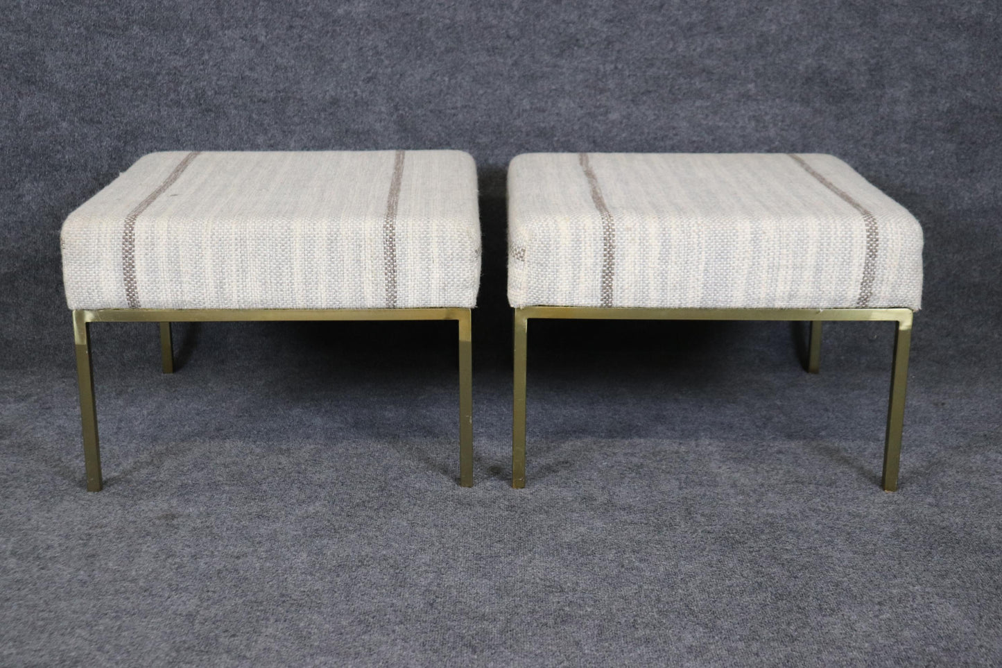 Pair of Brass Paul McCobb Planner Group Style Square Upholstered Ottomans