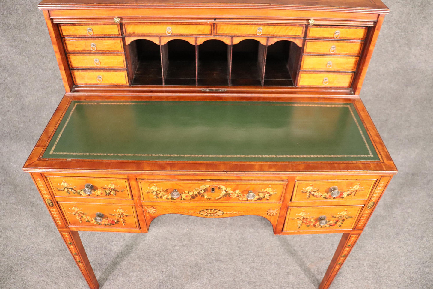 Paint Decorated Satinwood English Adams Writing Desk with Leather Top, C1910