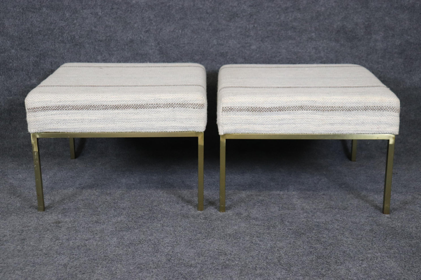 Pair of Brass Paul McCobb Planner Group Style Square Upholstered Ottomans