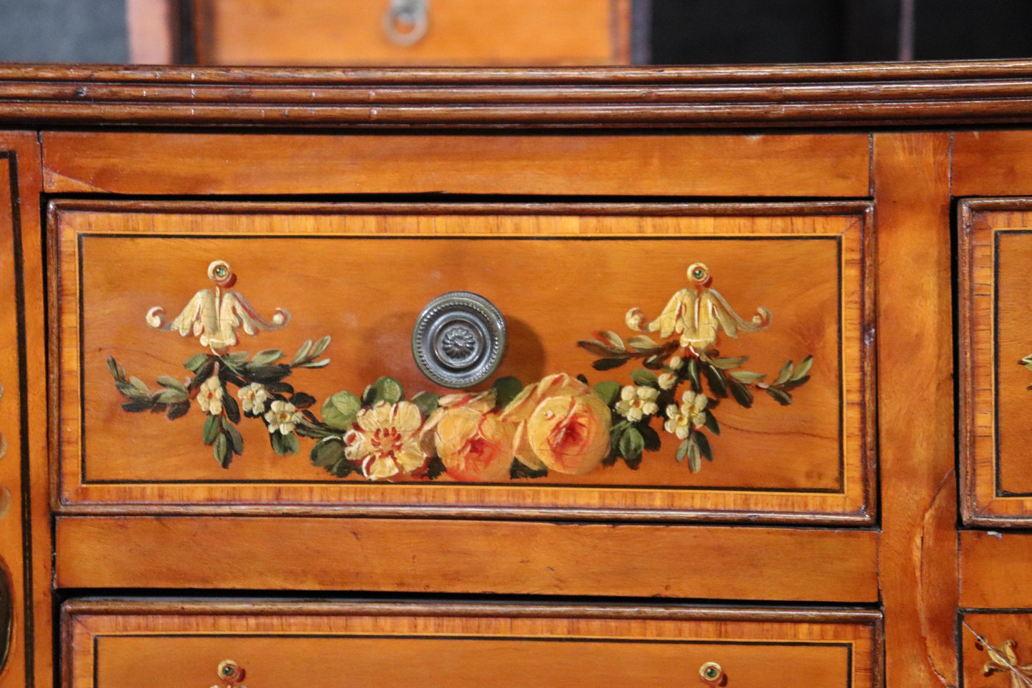 Paint Decorated Satinwood English Adams Writing Desk with Leather Top, C1910