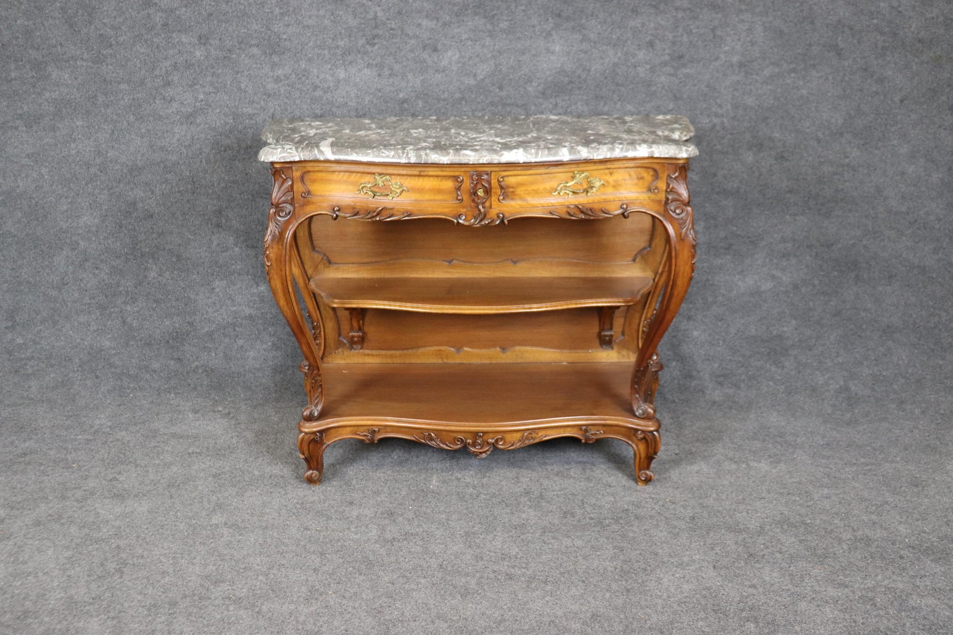 Superb Carved Walnut Marble Top French Two Tier Open Buffet Console Table