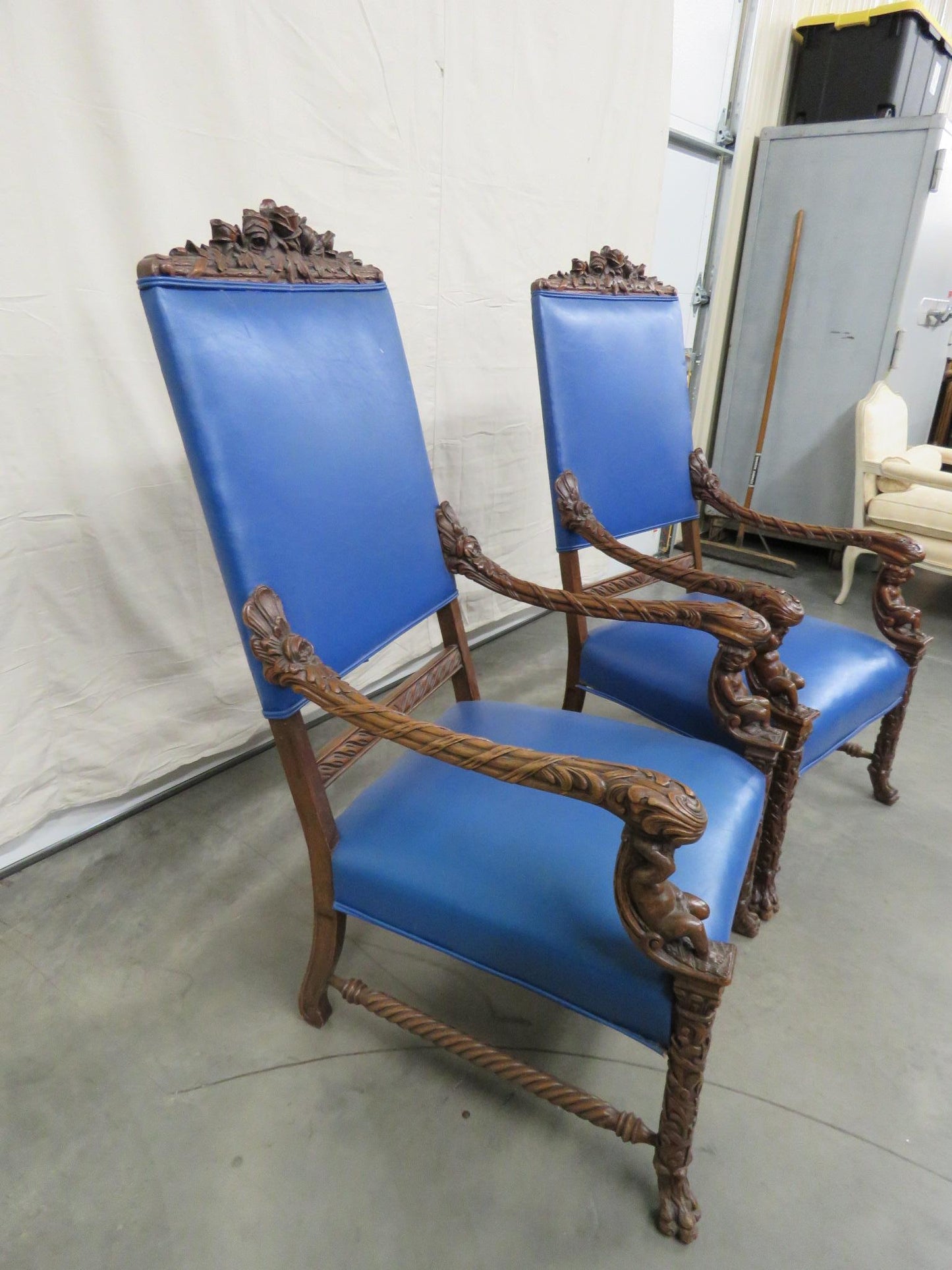 Pair of Renaissance Style Cherub Putti Throne Chairs Attributed to Horner