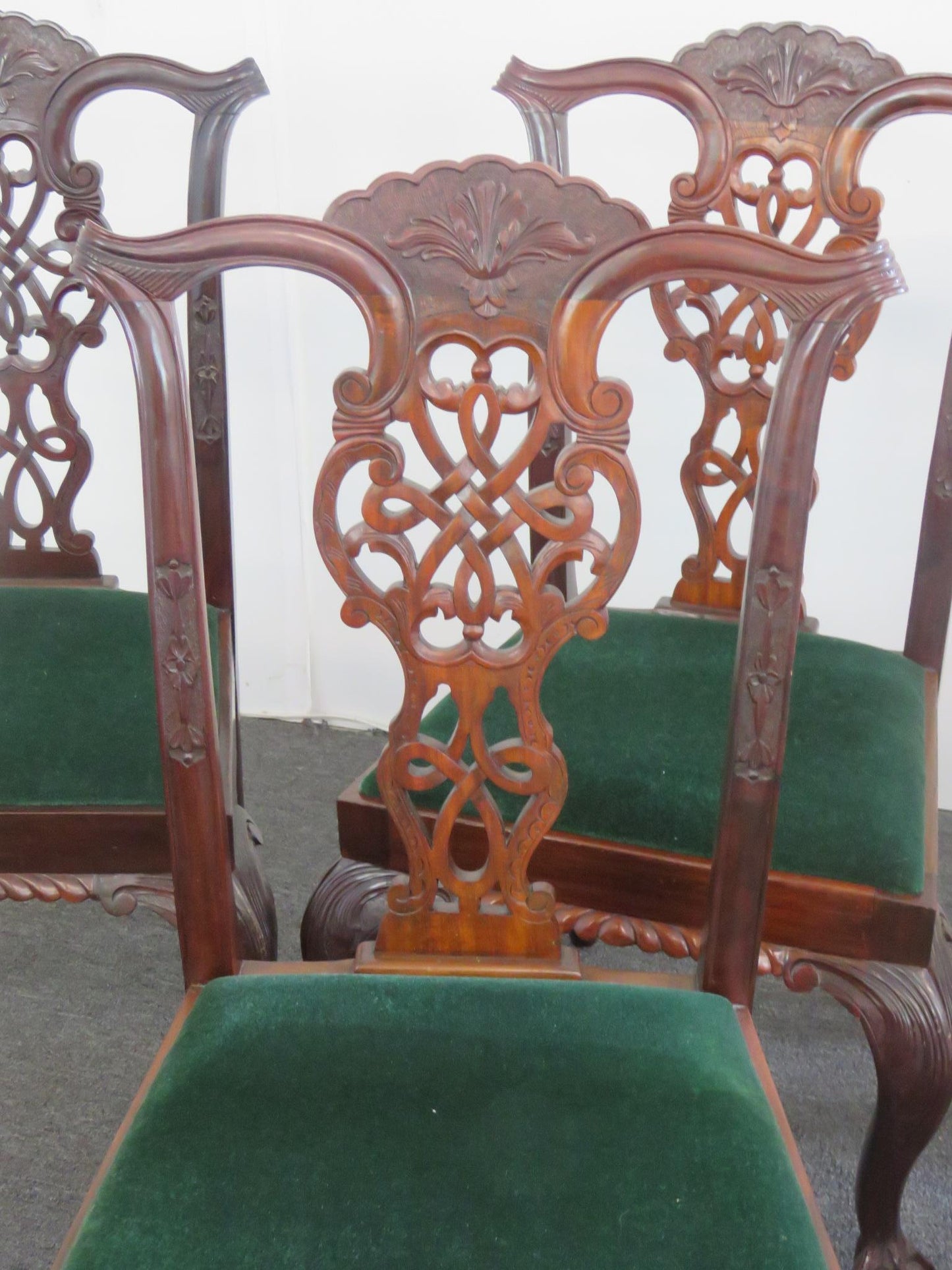 Set of 8 Finely Carved Solid Mahogany Georgian Style Dining Chairs C1920s