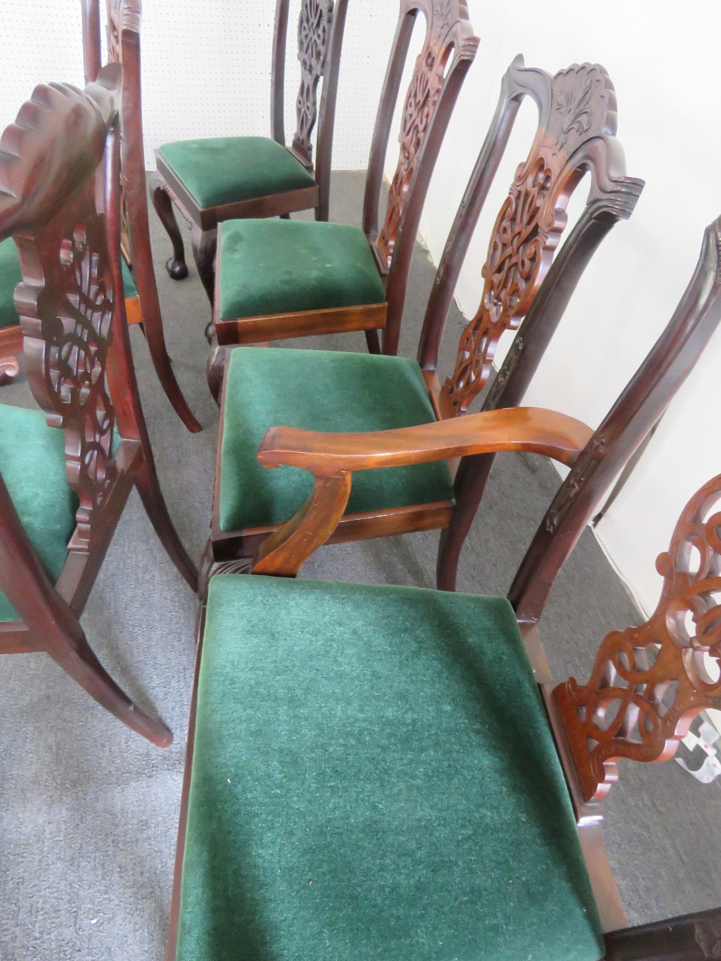 Set of 8 Finely Carved Solid Mahogany Georgian Style Dining Chairs C1920s