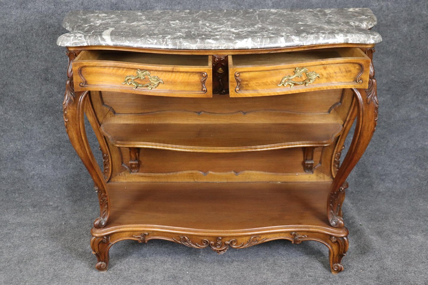 Superb Carved Walnut Marble Top French Two Tier Open Buffet Console Table