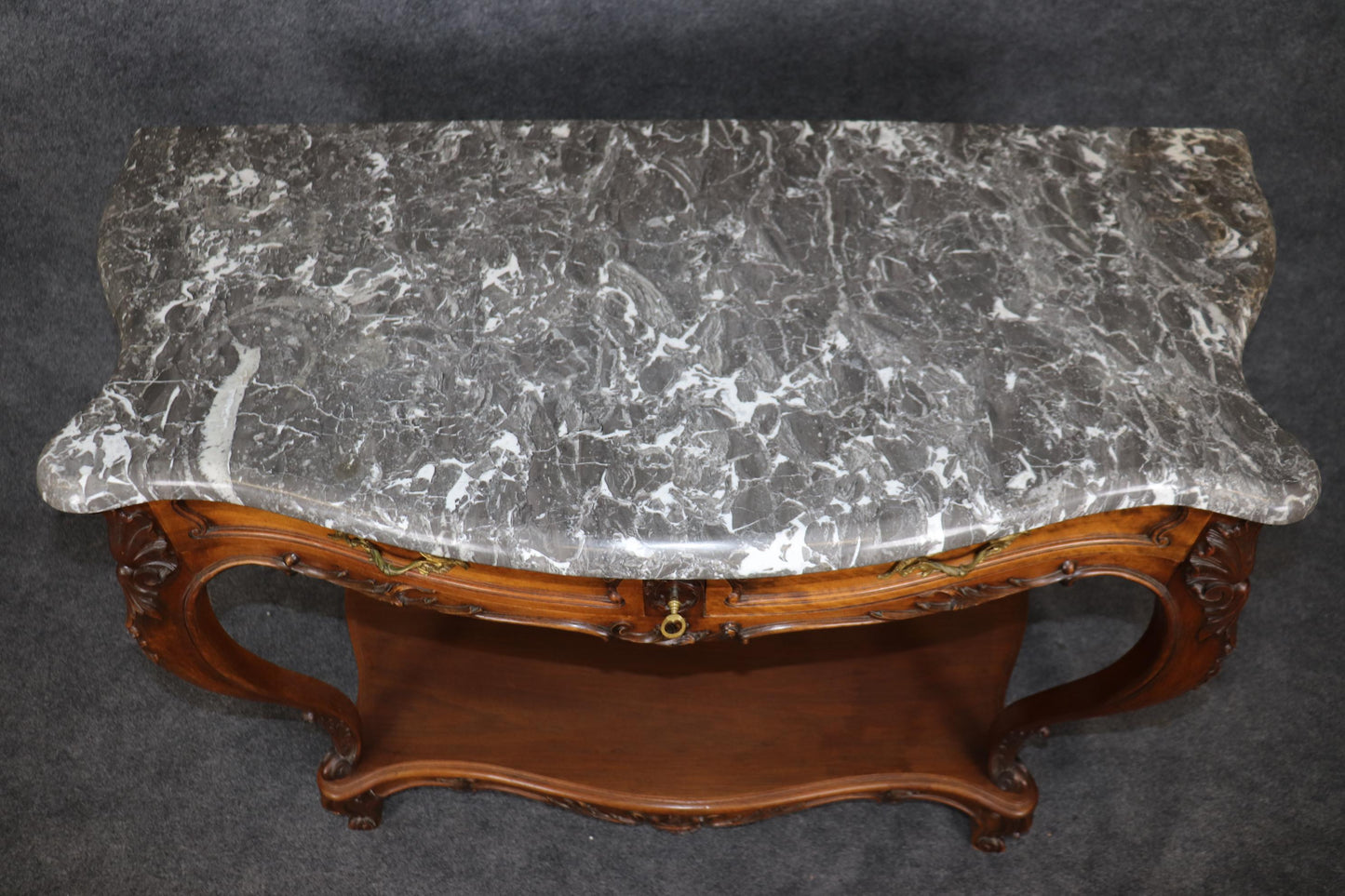 Superb Carved Walnut Marble Top French Two Tier Open Buffet Console Table