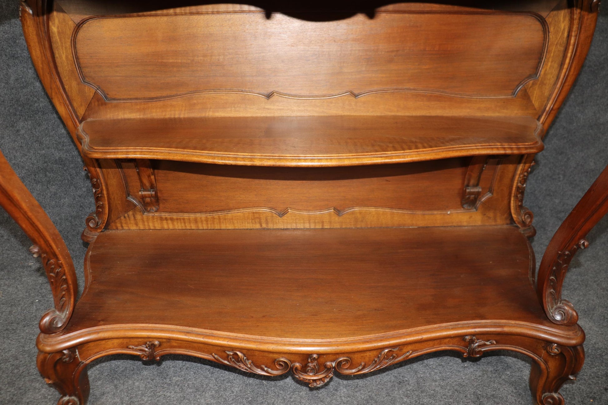 Superb Carved Walnut Marble Top French Two Tier Open Buffet Console Table