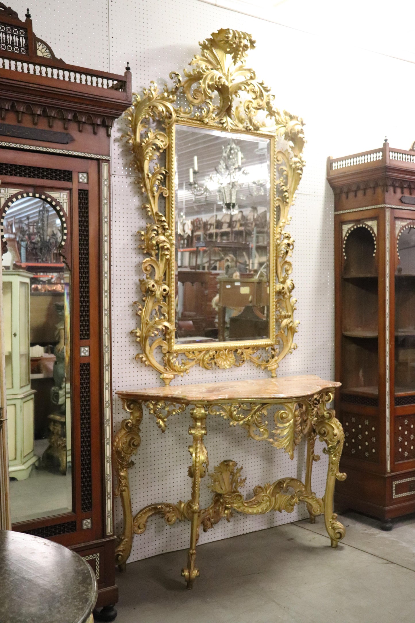 Monumental Giltwood Florentine Mirror with Marble-Top Console Table, circa 1940