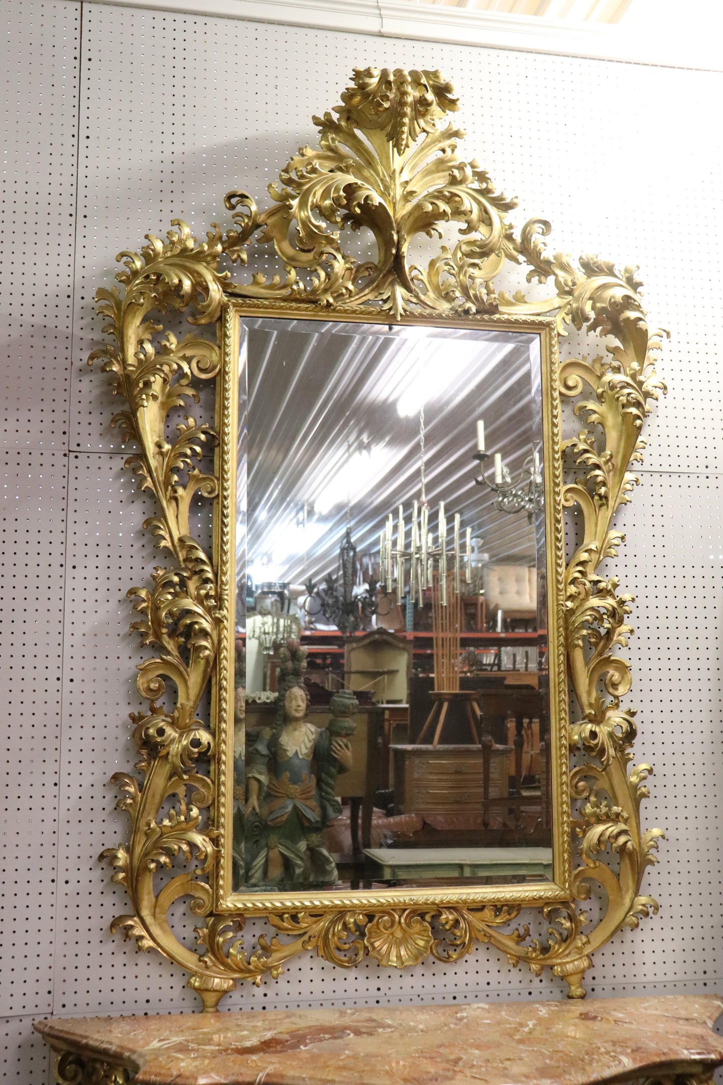 Monumental Giltwood Florentine Mirror with Marble-Top Console Table, circa 1940