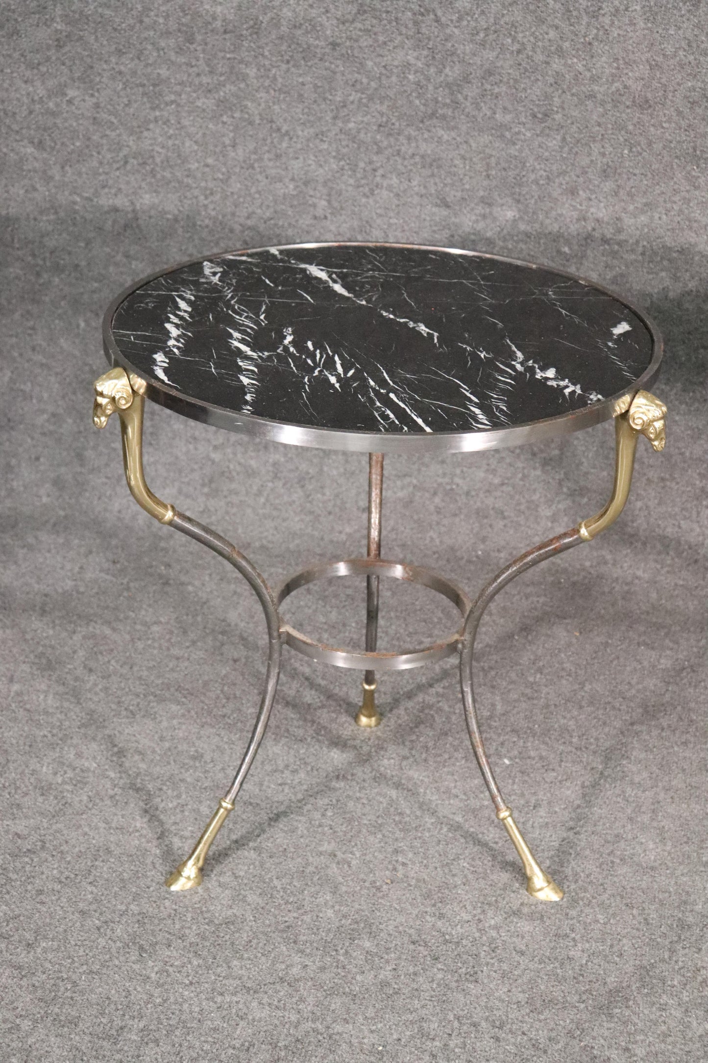 Pair French Louis XV Black Marble Steel and Brass Rams Head Gueridons End Tables