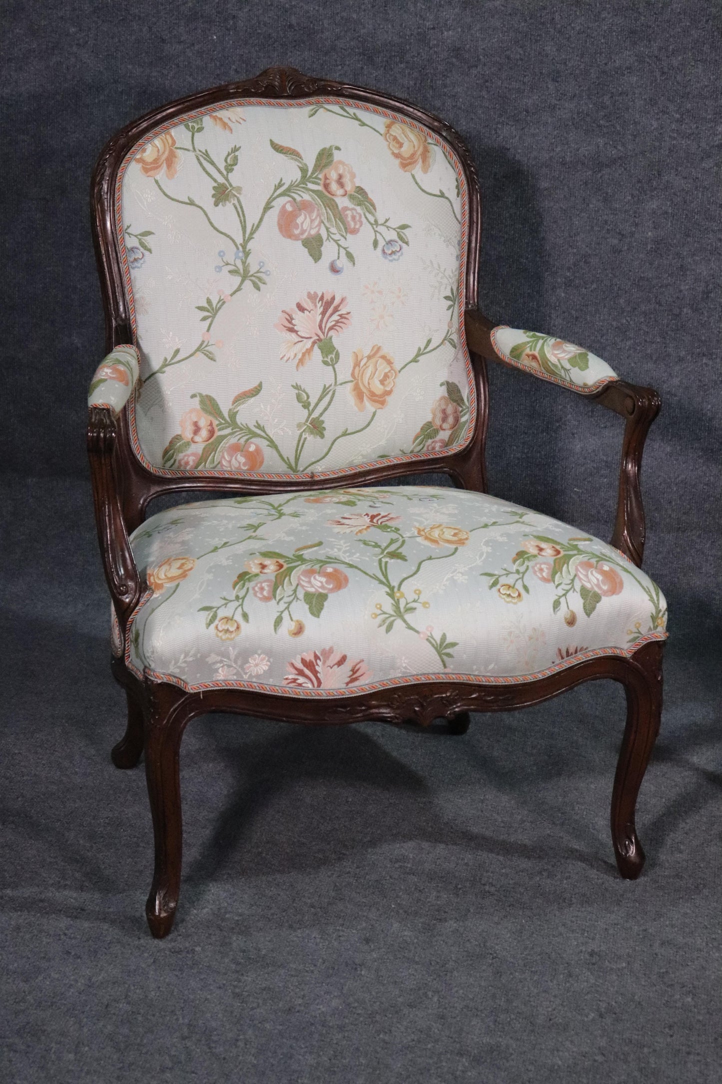 Fine Pair of French Louis XV Walnut Upholstered Open Bergère Open Armchairs